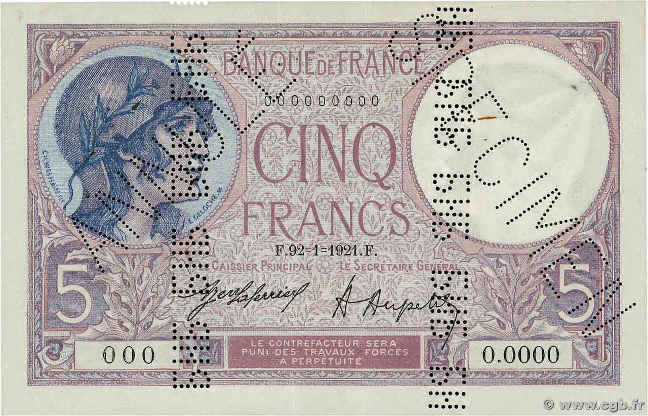 5 Francs FEMME CASQUÉE Spécimen FRANCE  1921 F.03.05Sp SUP+