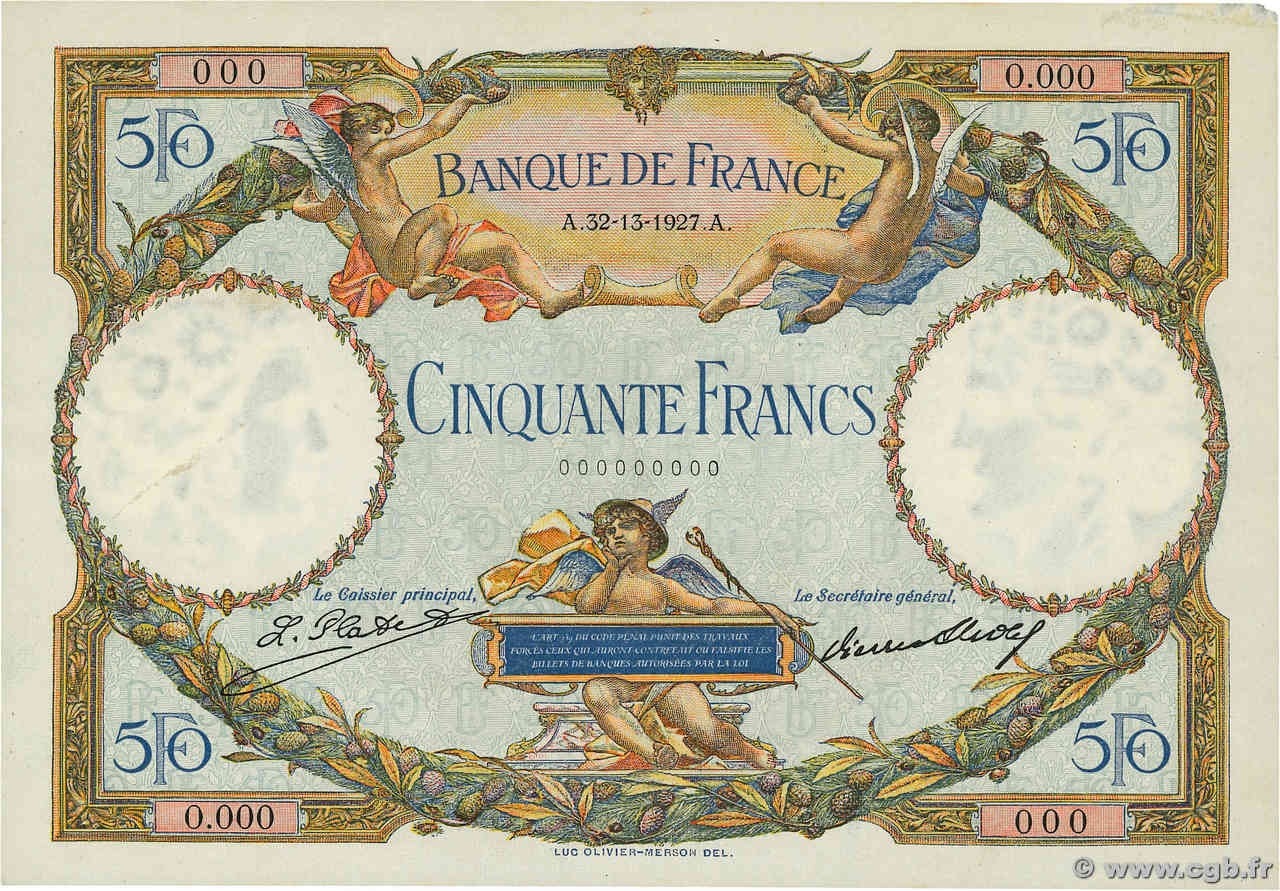 50 Francs LUC OLIVIER MERSON Spécimen FRANCE  1927 F.15.01S AU