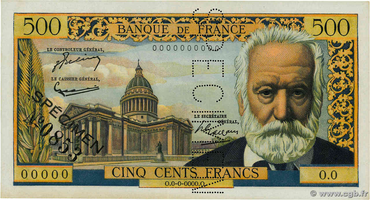 500 Francs VICTOR HUGO Spécimen FRANCE  1954 F.35.01Spn AU+