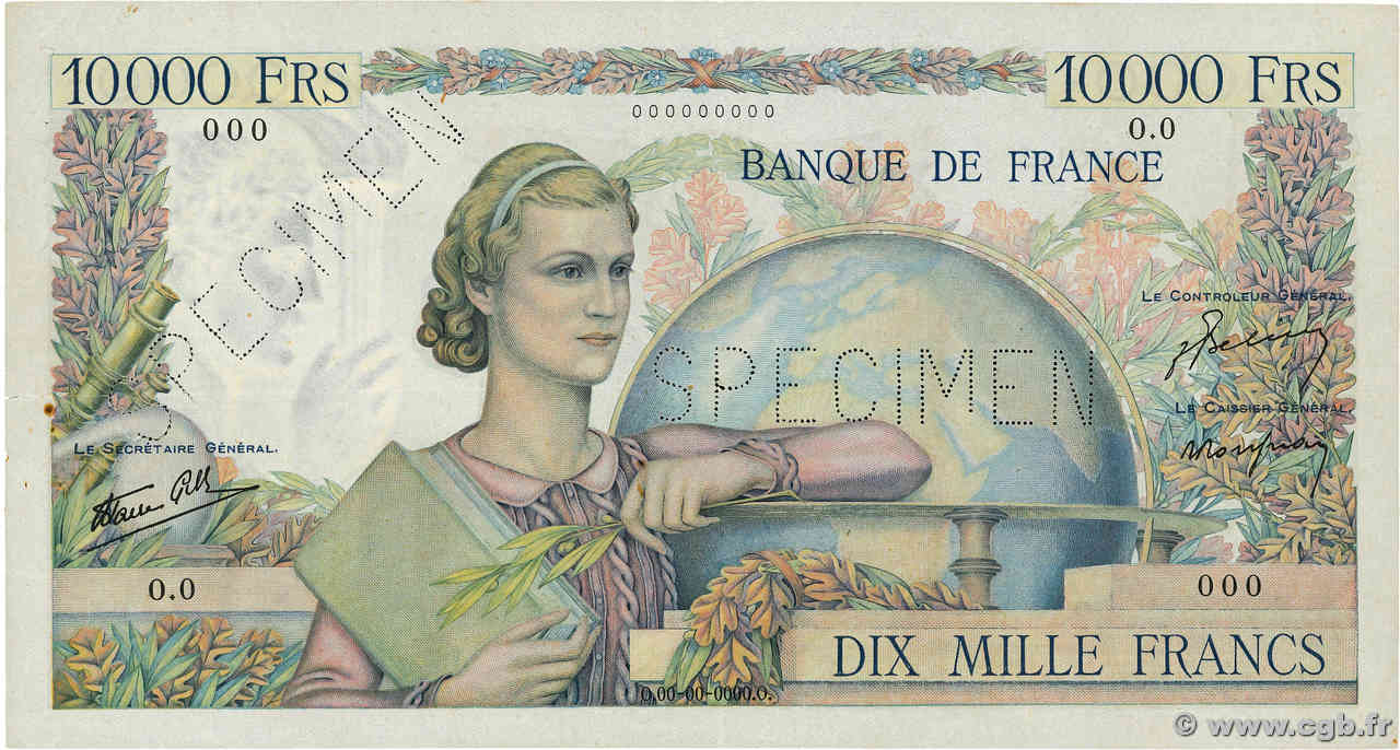 10000 Francs GÉNIE FRANÇAIS Spécimen FRANCIA  1945 F.50.01Sp q.BB