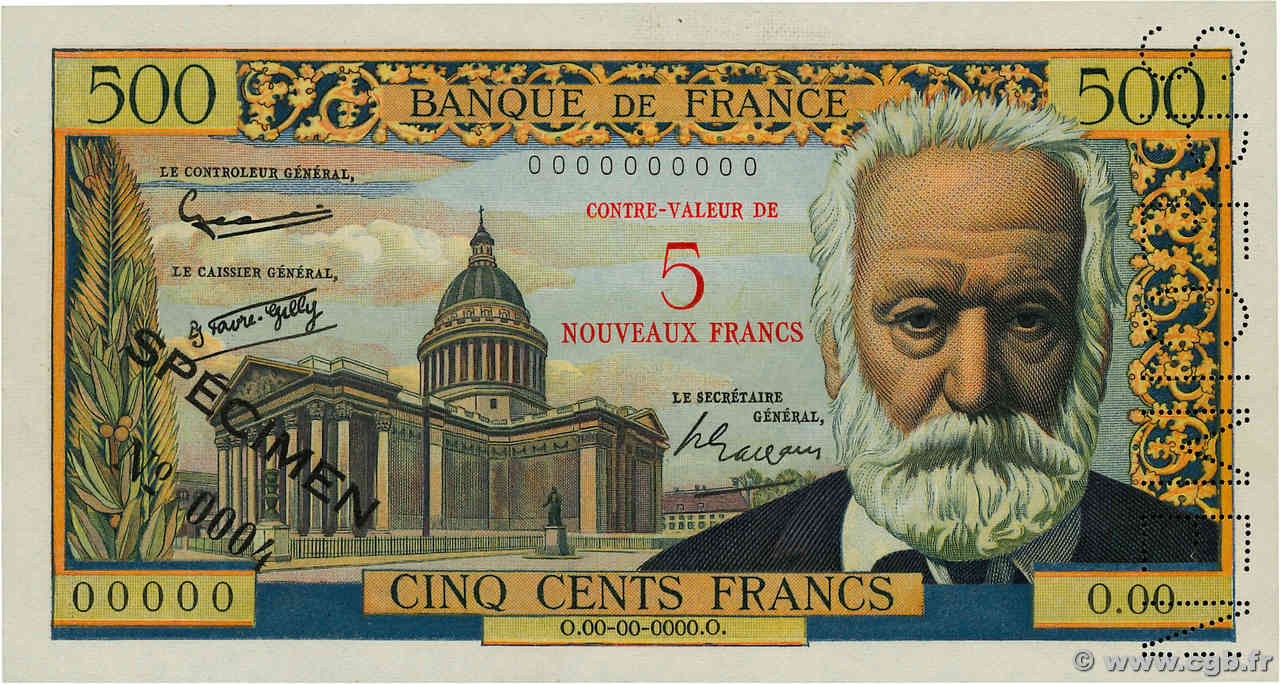 5 NF sur 500 Francs Victor HUGO Spécimen FRANCE  1958 F.52.01Spn UNC