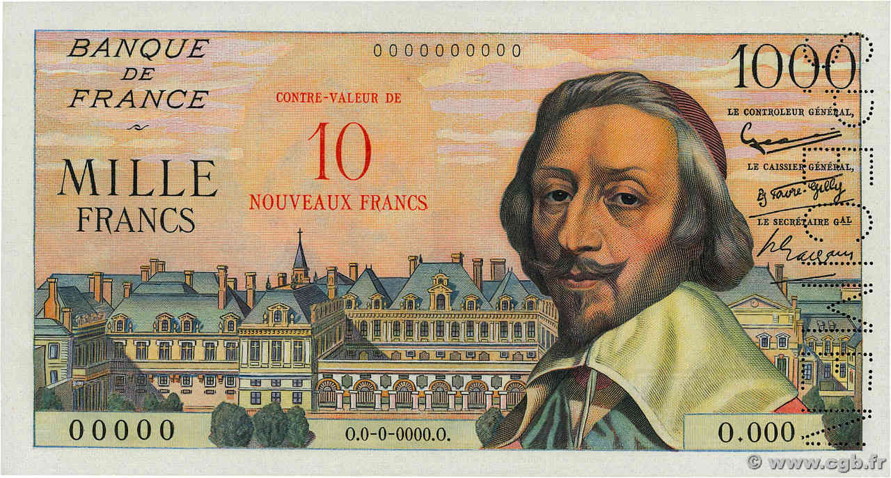 10 NF sur 1000 Francs RICHELIEU Spécimen FRANCIA  1957 F.53.01Sp FDC