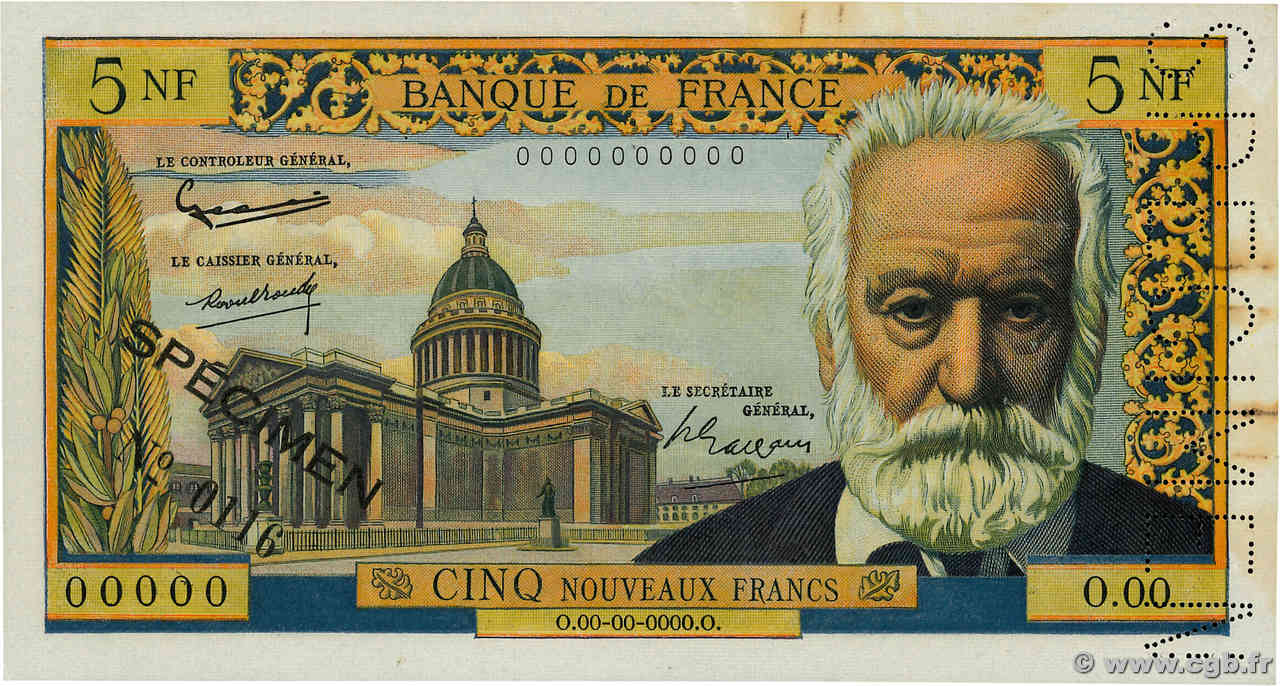 5 Nouveaux Francs VICTOR HUGO Spécimen FRANCE  1959 F.56.01Spn XF