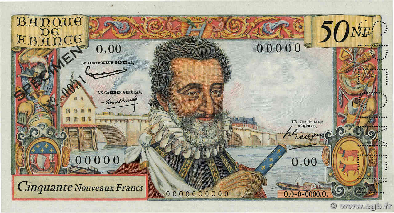 50 Nouveaux Francs HENRI IV Spécimen FRANKREICH  1959 F.58.01Spn fST