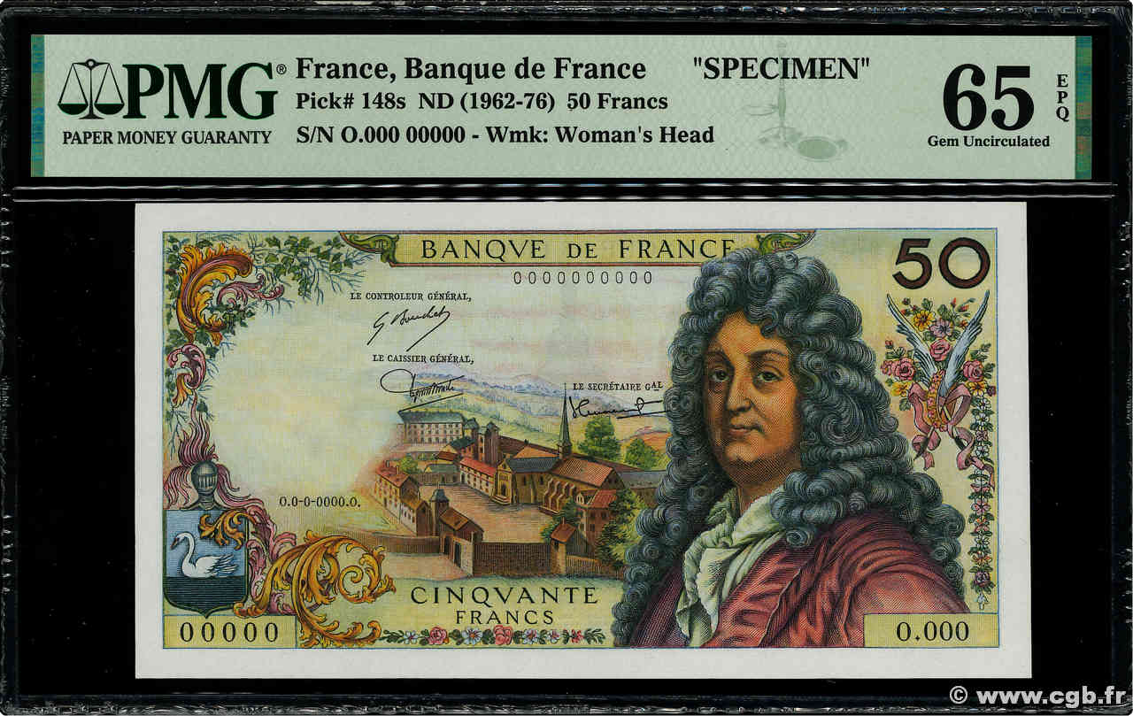 50 Francs RACINE Spécimen FRANCE  1975 F.64.29S UNC