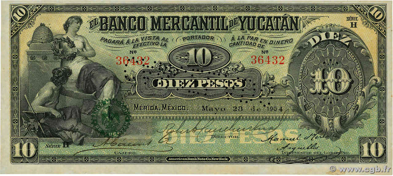 10 Pesos Annulé MEXIQUE Mérida 1904 PS.0454a pr.NEUF