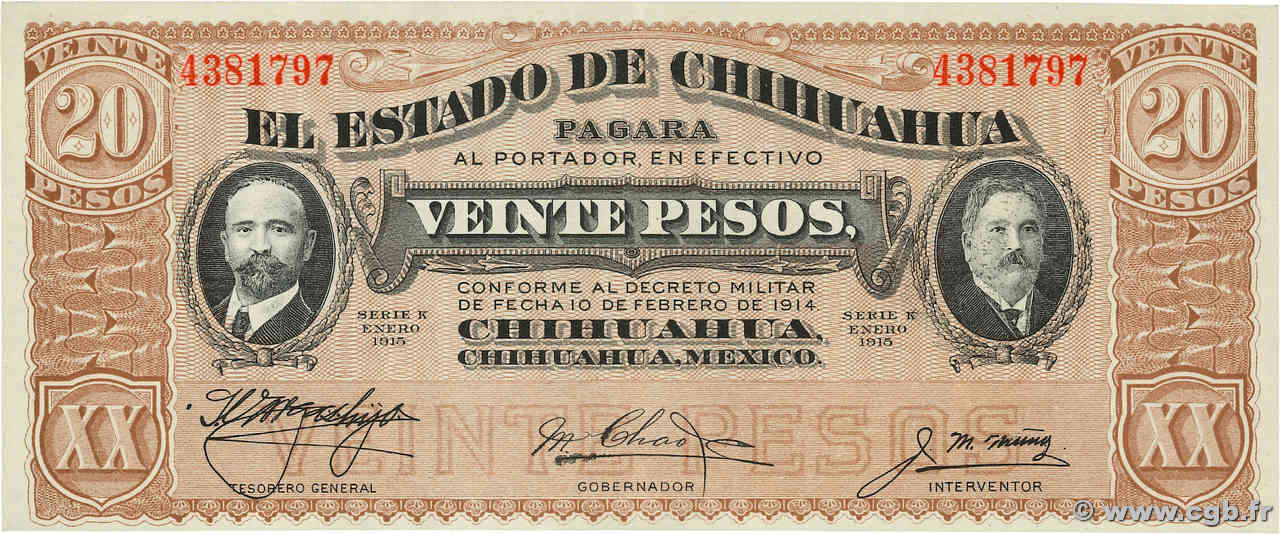 20 Pesos MEXICO  1915 PS.0537b XF+