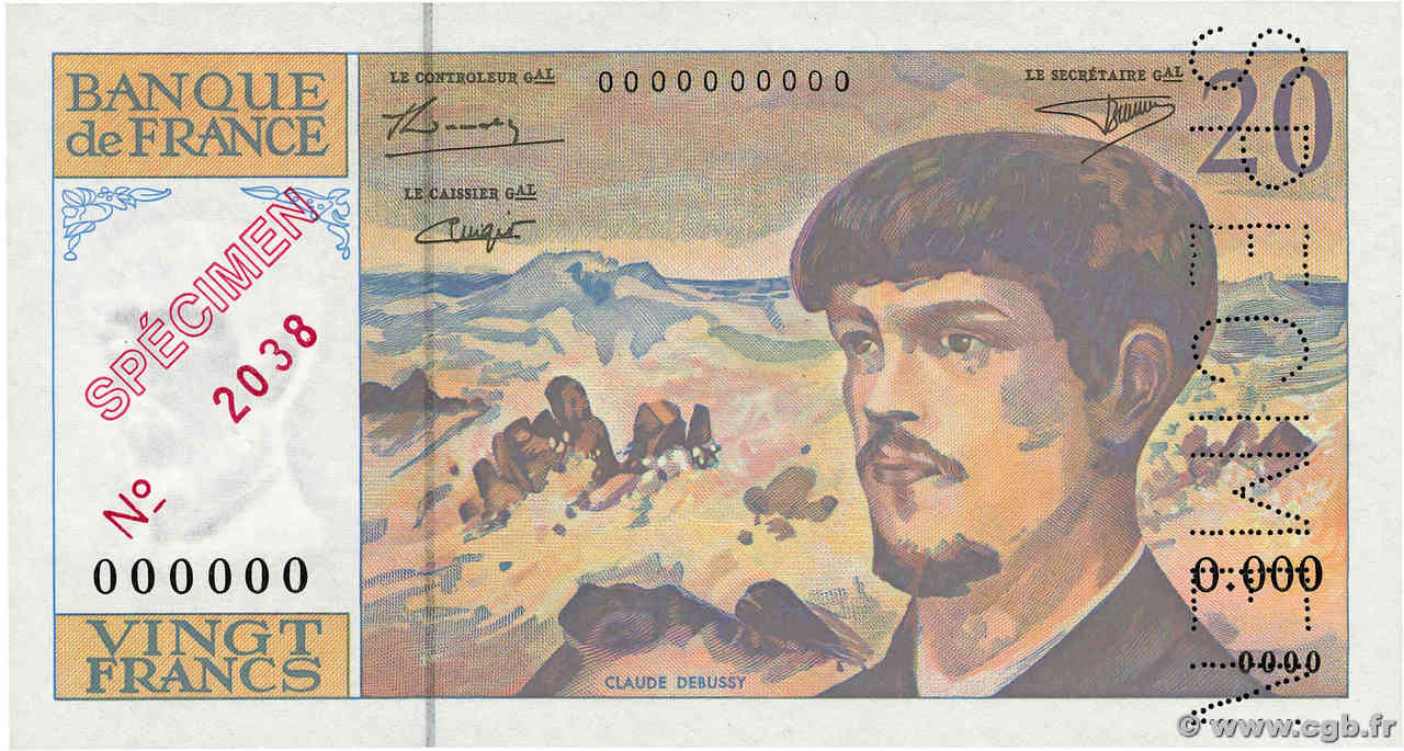 20 Francs DEBUSSY à fil de sécurité Spécimen FRANCE  1993 F.66bis.05Spn UNC