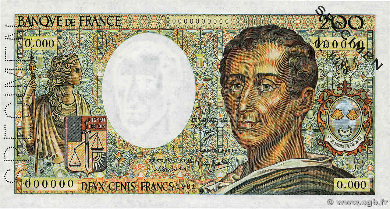 200 Francs MONTESQUIEU Spécimen FRANCE  1981 F.70.01Spn NEUF