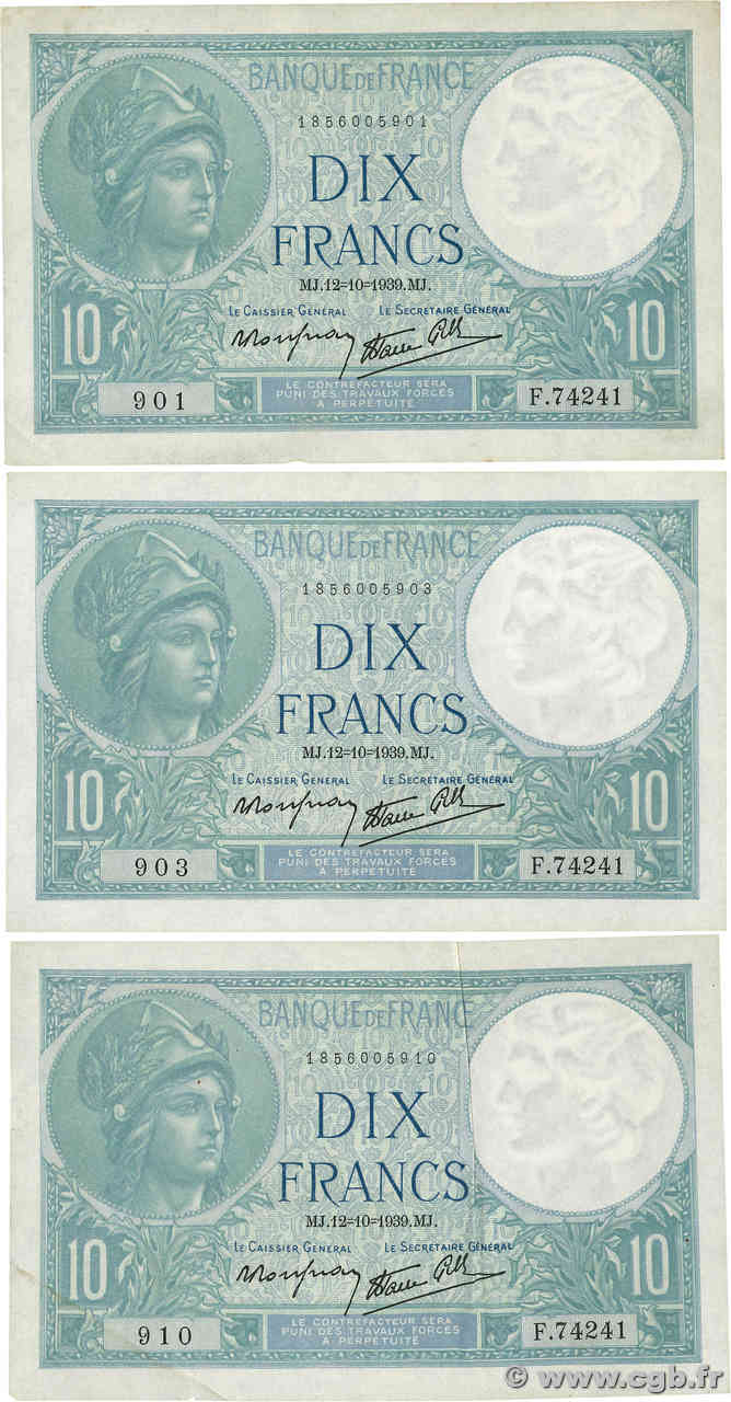 10 Francs MINERVE modifié Lot FRANCE  1939 F.07.11 TTB+