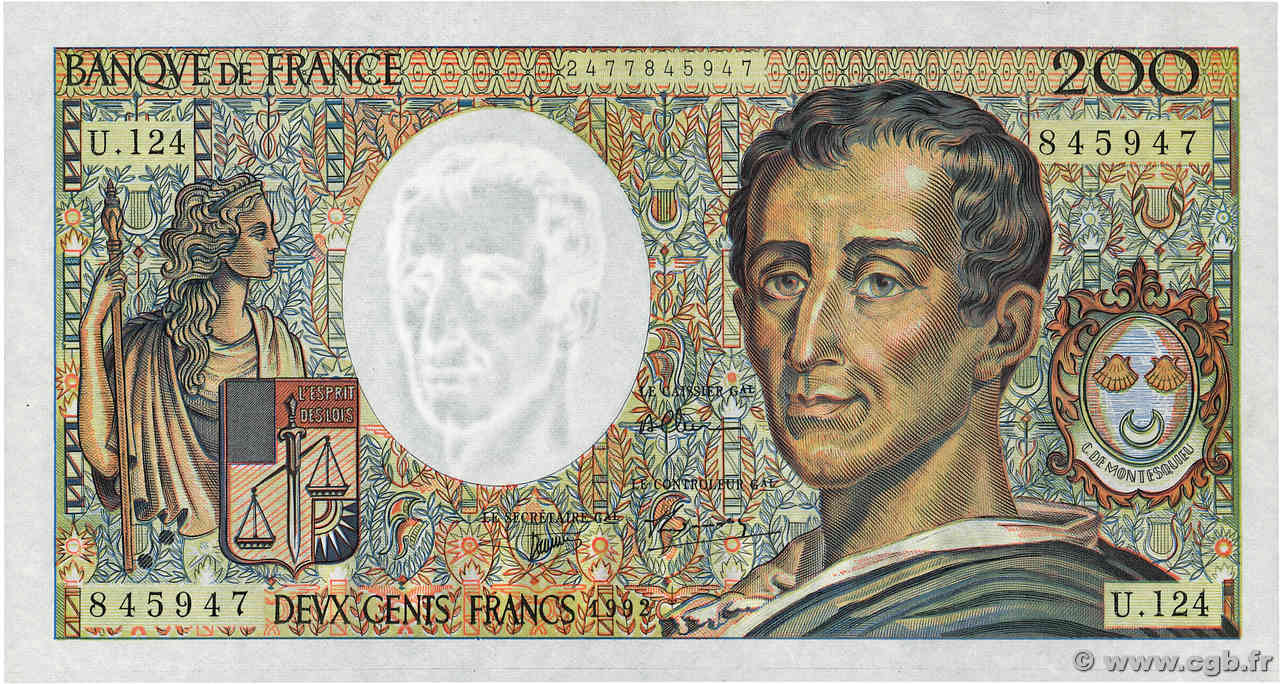 200 Francs MONTESQUIEU FRANCE  1992 F.70.12b pr.NEUF