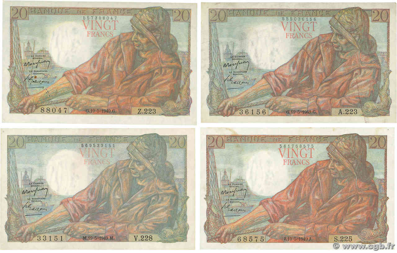 20 Francs PÊCHEUR Lot FRANCE  1949 F.13.15 TTB