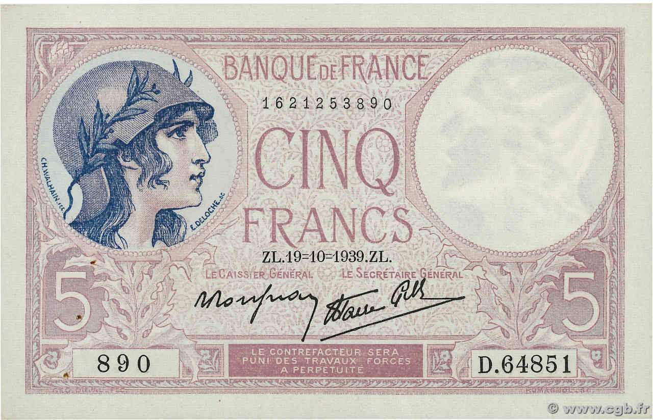 5 Francs FEMME CASQUÉE modifié FRANCE  1939 F.04.12 pr.SPL