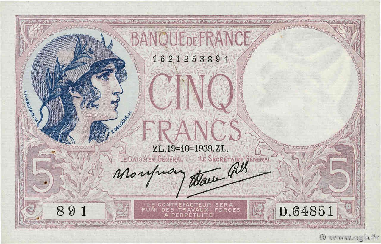 5 Francs FEMME CASQUÉE modifié FRANCE  1939 F.04.12 pr.SPL