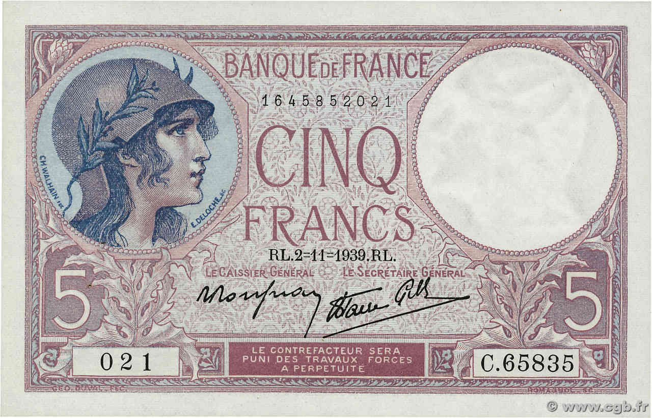 5 Francs FEMME CASQUÉE modifié FRANKREICH  1939 F.04.14 fST