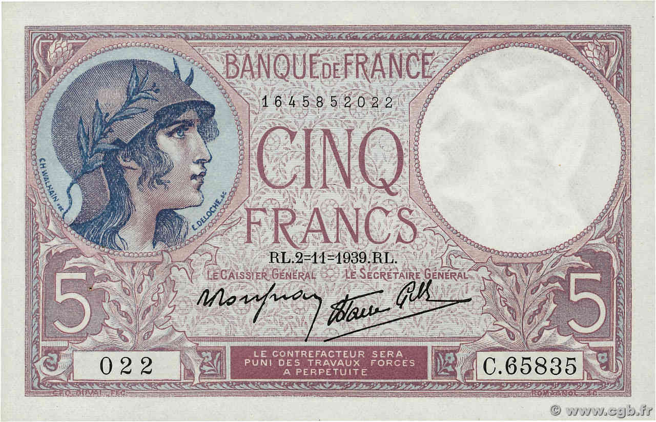 5 Francs FEMME CASQUÉE modifié FRANCE  1939 F.04.14 SPL