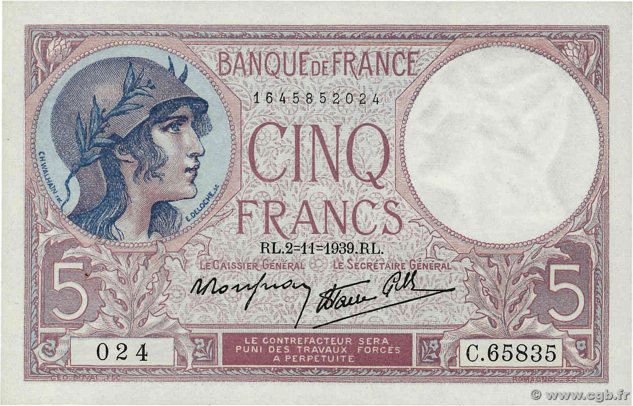 5 Francs FEMME CASQUÉE modifié FRANCE  1939 F.04.14 SPL