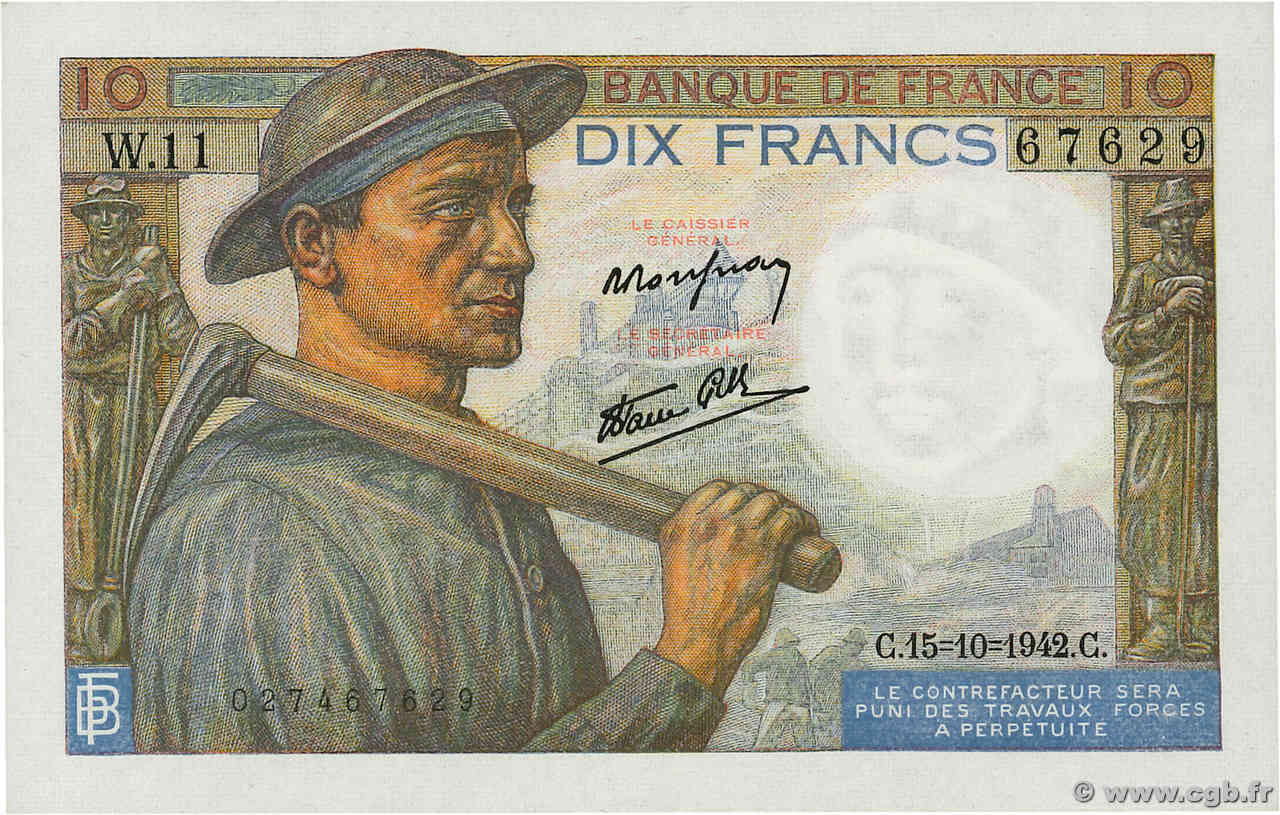 10 Francs MINEUR FRANCE  1942 F.08.04 UNC