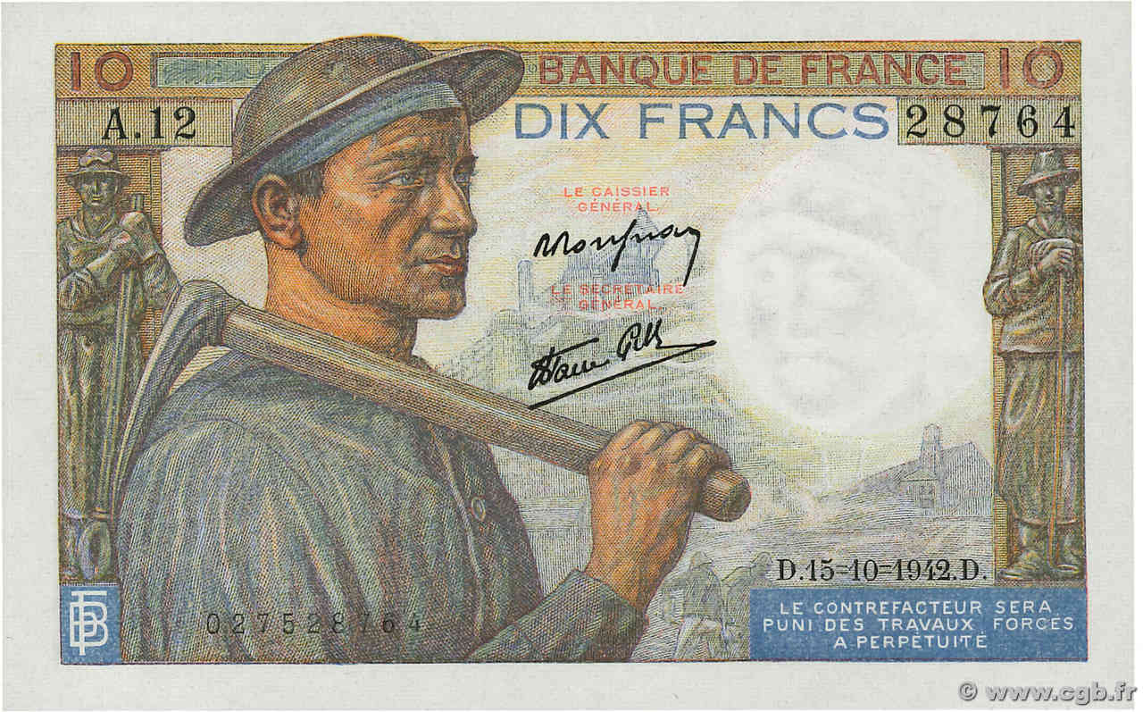 10 Francs MINEUR FRANKREICH  1942 F.08.04 ST