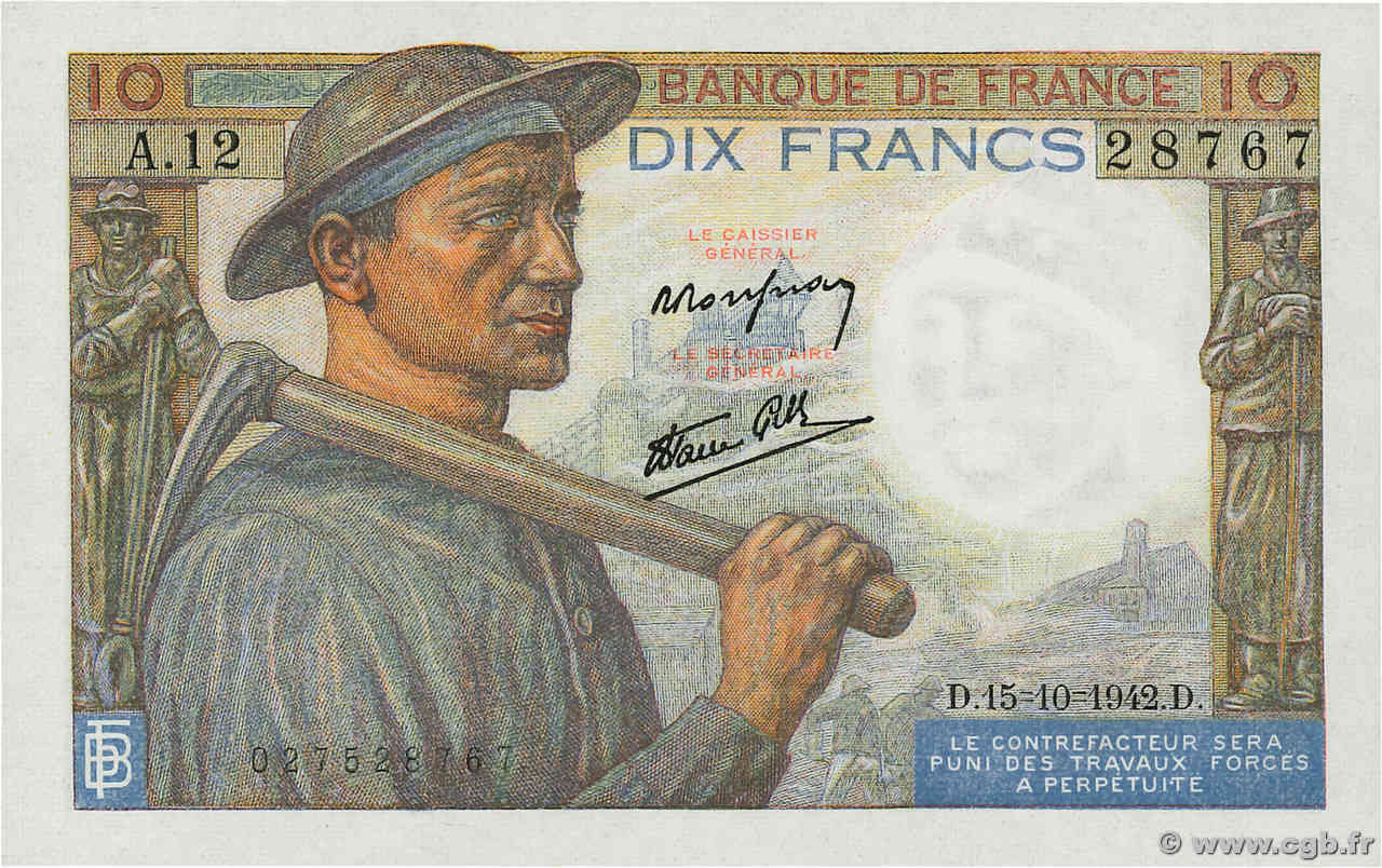 10 Francs MINEUR FRANKREICH  1942 F.08.04 ST