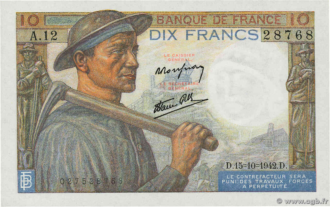 10 Francs MINEUR FRANCE  1942 F.08.04 NEUF