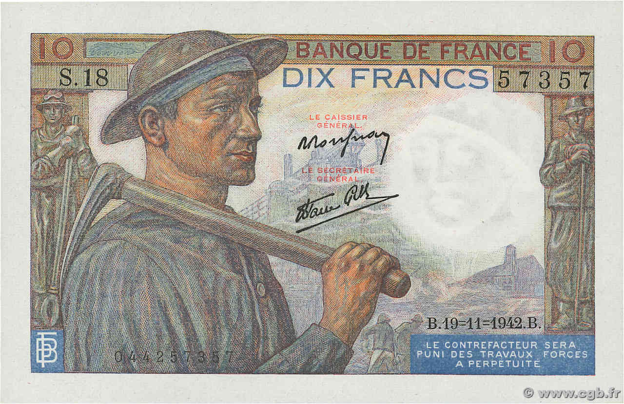 10 Francs MINEUR FRANCIA  1942 F.08.05 FDC