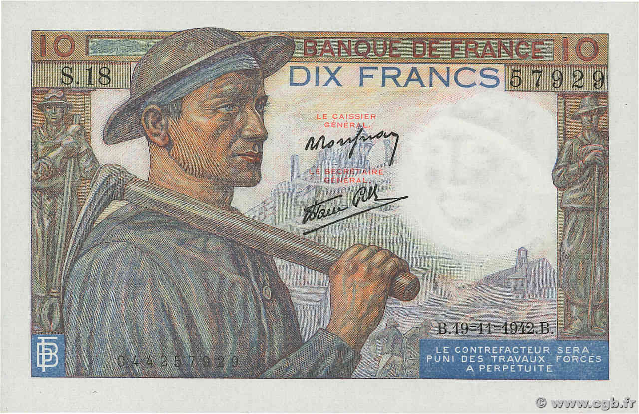 10 Francs MINEUR FRANCE  1942 F.08.05 NEUF