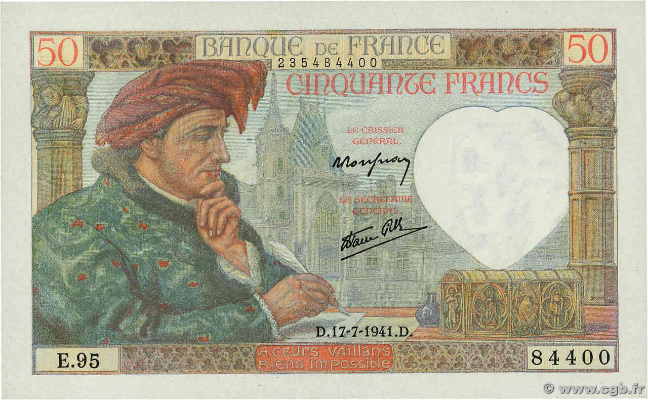 50 Francs JACQUES CŒUR FRANCE  1941 F.19.12 NEUF