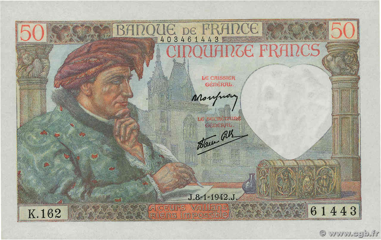 50 Francs JACQUES CŒUR FRANCE  1942 F.19.18 NEUF