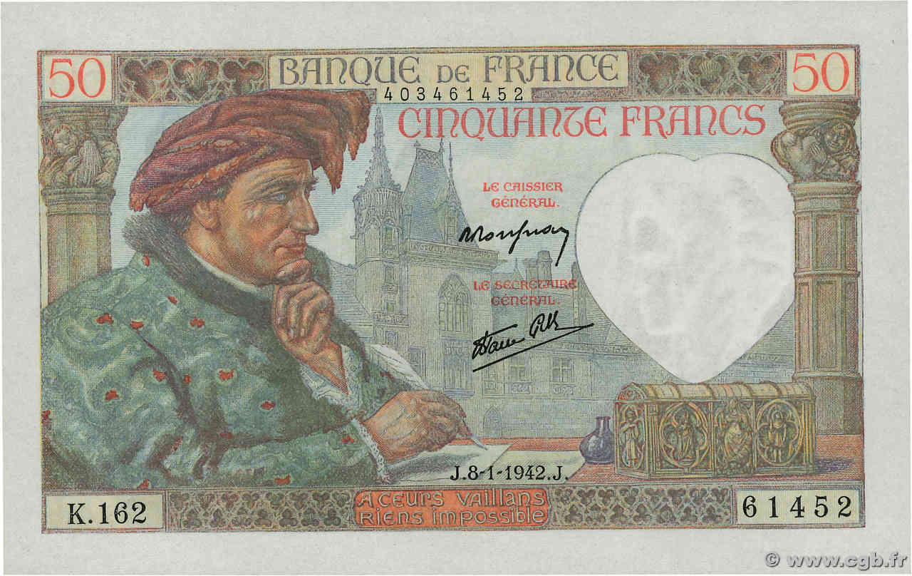 50 Francs JACQUES CŒUR FRANCE  1942 F.19.18 UNC