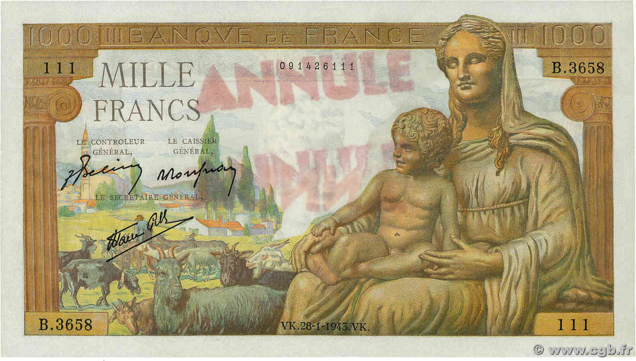 1000 Francs DÉESSE DÉMÉTER Annulé FRANCE  1943 F.40.17 pr.SPL