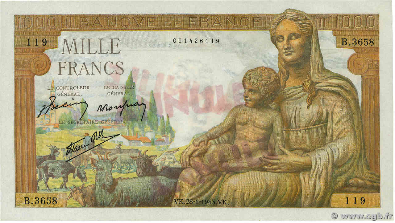 1000 Francs DÉESSE DÉMÉTER Annulé FRANCE  1943 F.40.17 pr.SPL