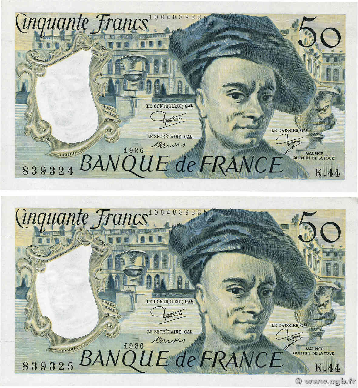 50 Francs QUENTIN DE LA TOUR Consécutifs FRANCE  1986 F.67.12 pr.NEUF