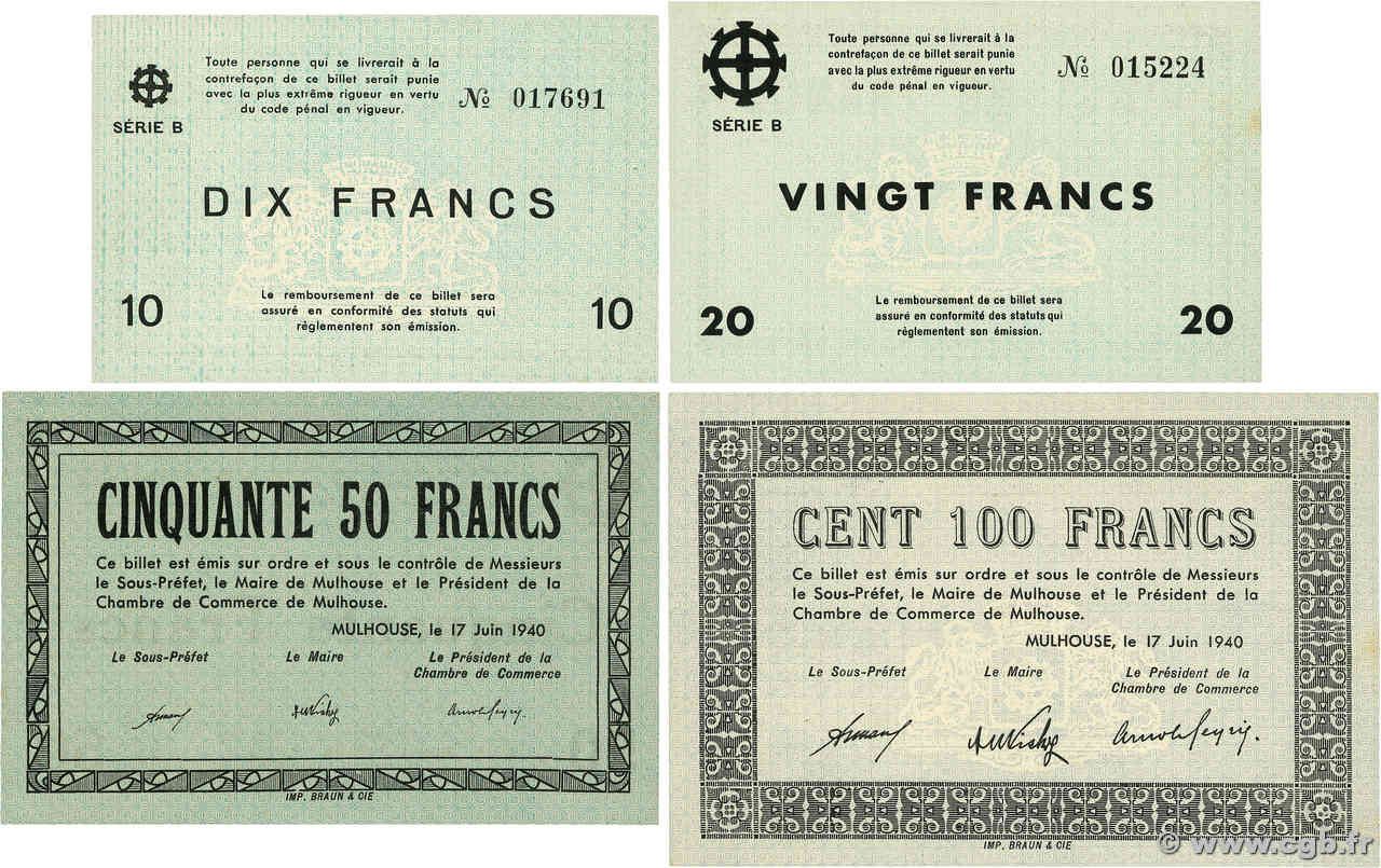 10 à 100 Francs Lot FRANCE regionalism and various Mulhouse 1940 BU.50 à 53 UNC-