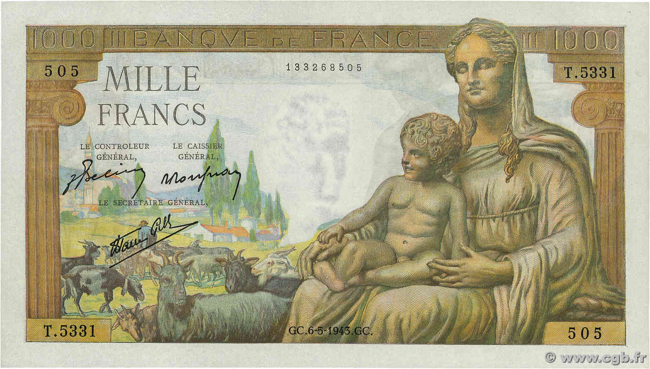 1000 Francs DÉESSE DÉMÉTER FRANCE  1943 F.40.23 UNC-