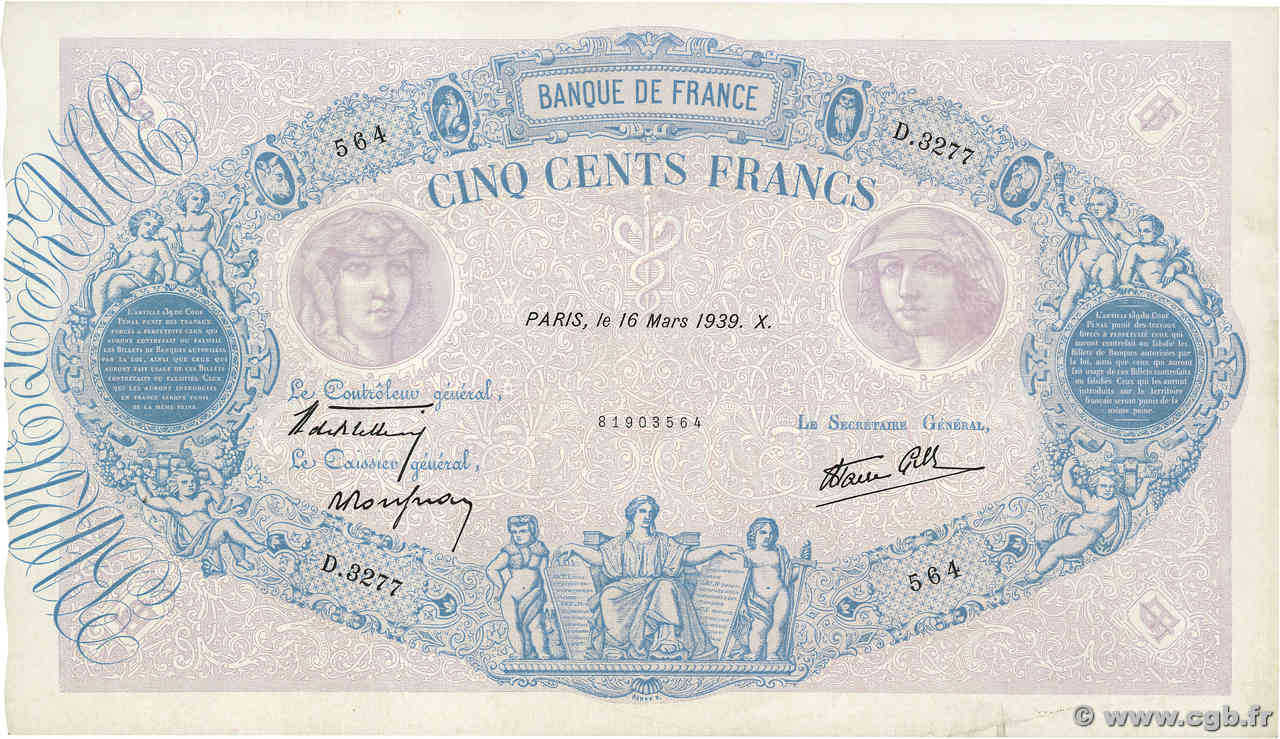 500 Francs BLEU ET ROSE modifié FRANKREICH  1939 F.31.27 fVZ