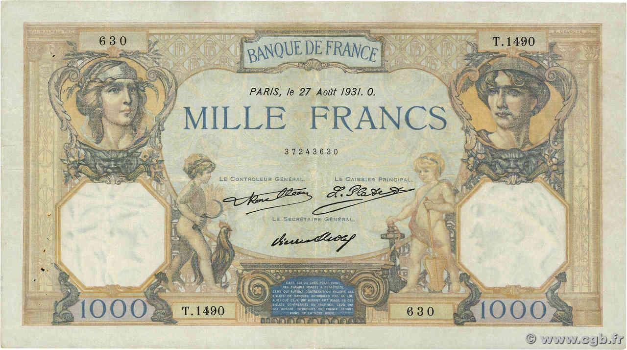 1000 Francs CÉRÈS ET MERCURE FRANCE  1931 F.37.06 TB