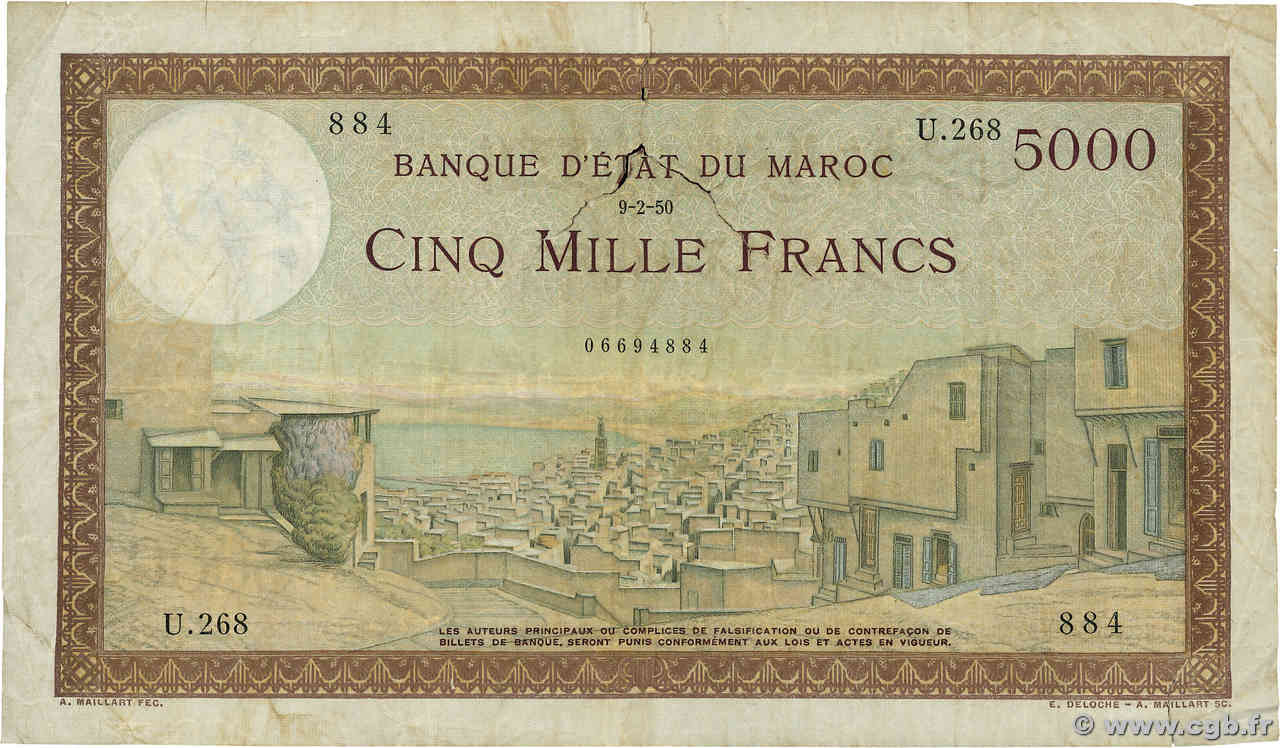 5000 Francs  MAROC  1950 P.23c B+