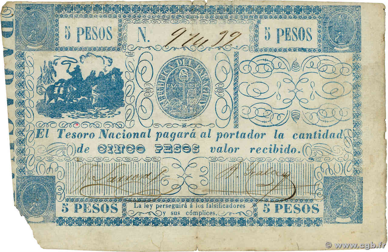 5 Pesos PARAGUAY  1865 P.025 TTB