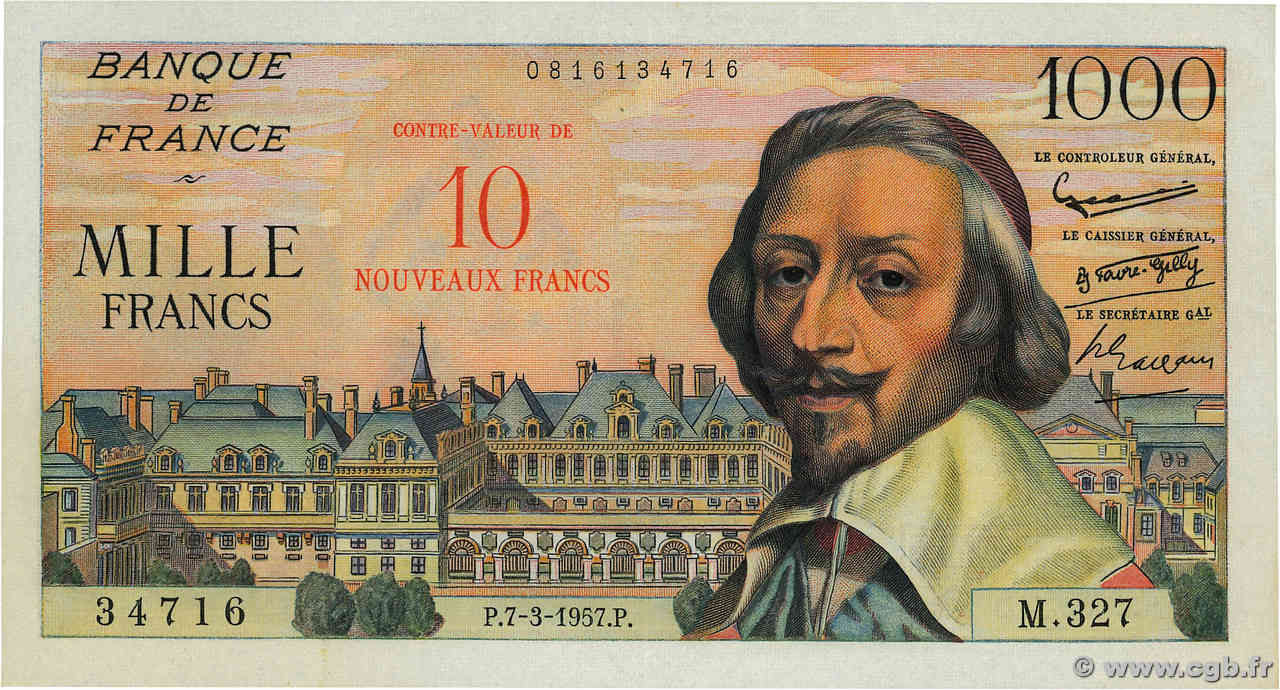 10 NF sur 1000 Francs RICHELIEU FRANCE  1957 F.53.01 SUP