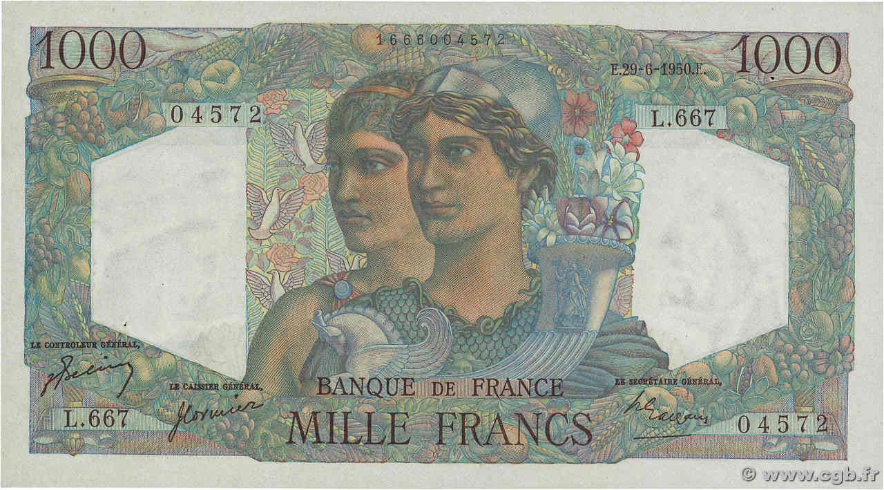 1000 Francs MINERVE ET HERCULE FRANCE  1950 F.41.33 SUP+