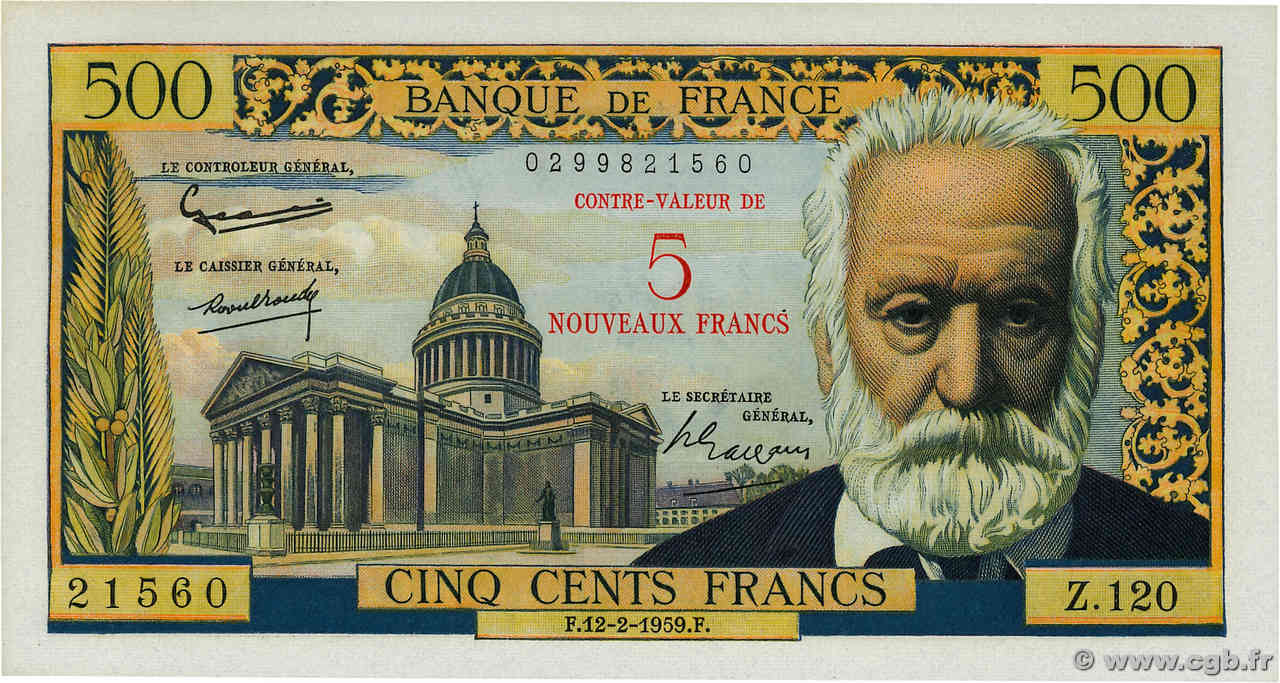 5 NF sur 500 Francs Victor HUGO FRANCE  1959 F.52.02 pr.NEUF