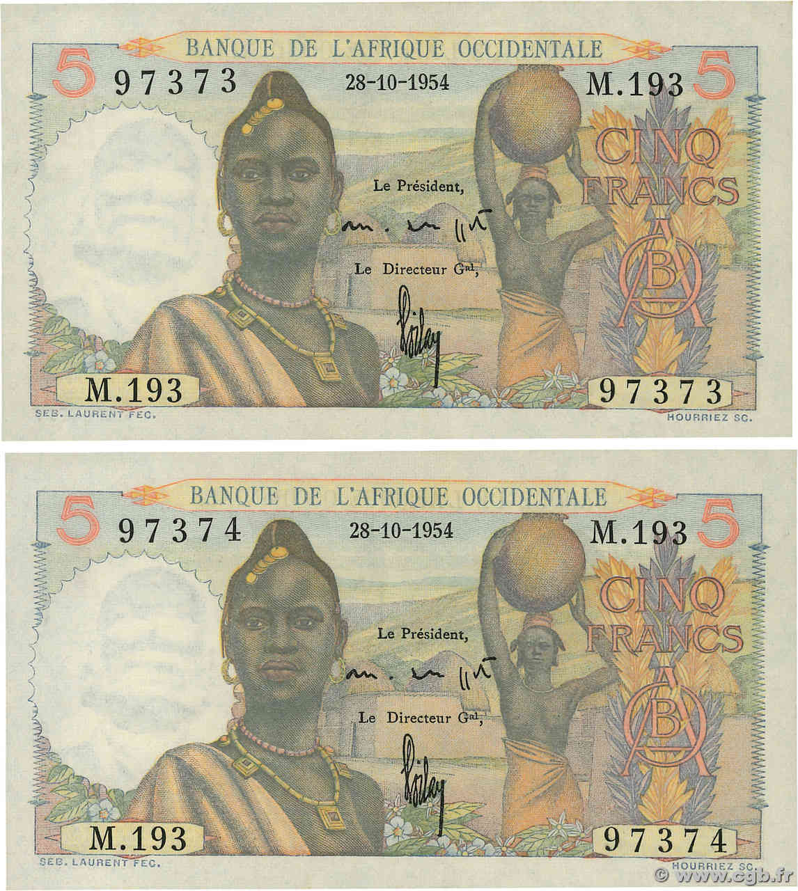 5 Francs Consécutifs FRENCH WEST AFRICA  1954 P.36 q.FDC