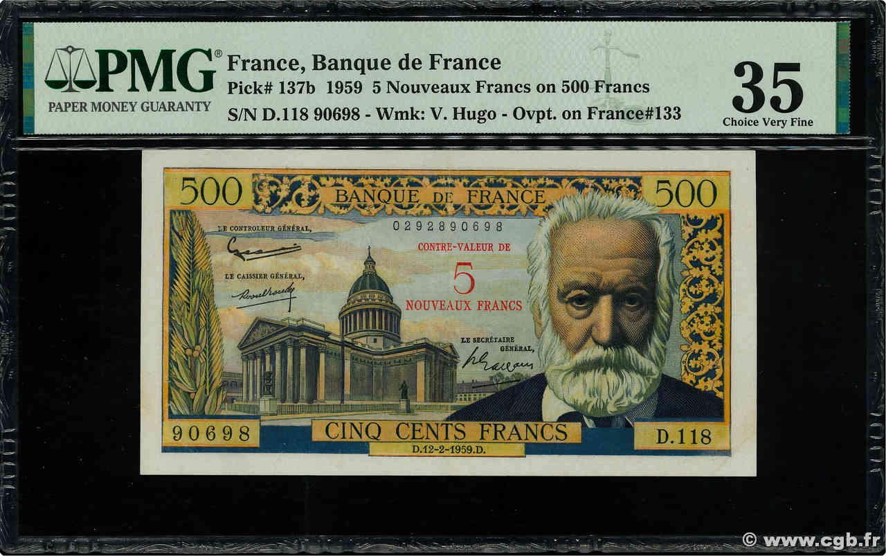 5 NF sur 500 Francs Victor HUGO FRANCE  1959 F.52.02 VF+