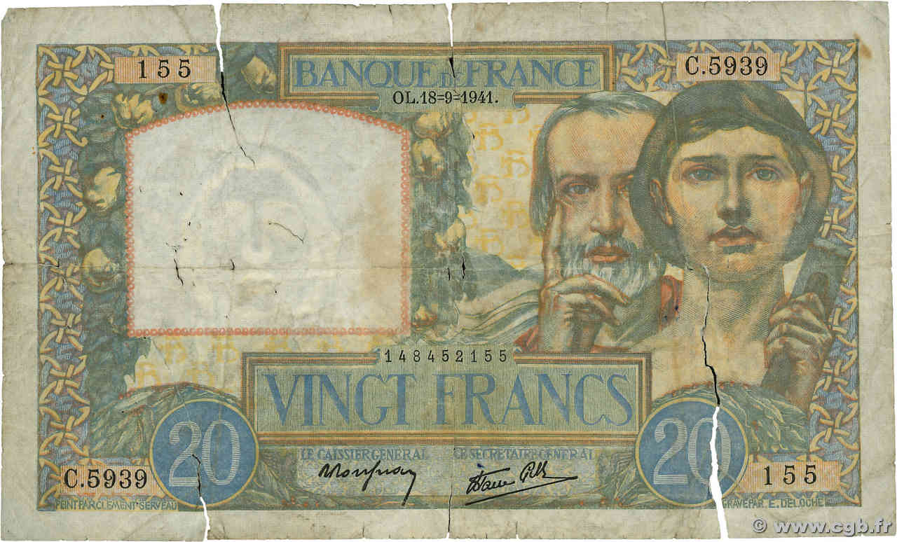 20 Francs TRAVAIL ET SCIENCE FRANKREICH  1941 F.12.18 SGE