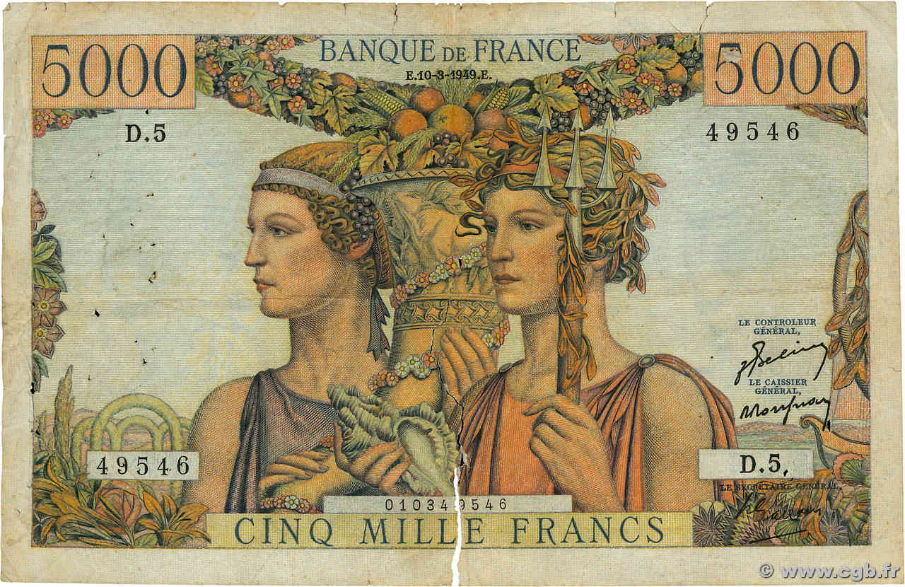 5000 Francs TERRE ET MER FRANCE  1949 F.48.01 B+