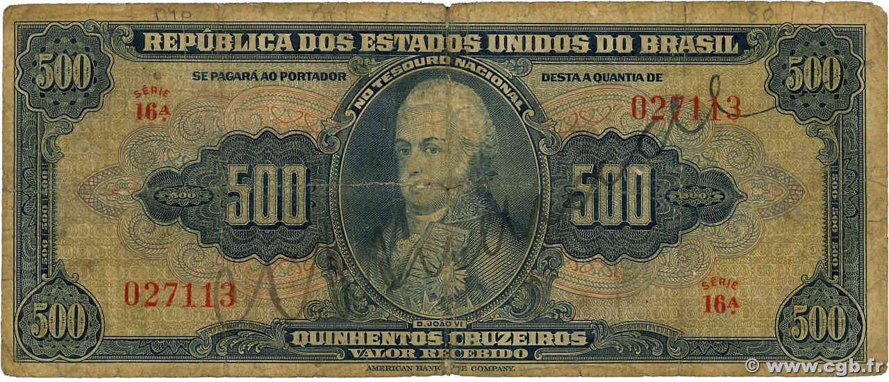 500 Cruzeiros BRASILIEN  1962 P.140  SGE