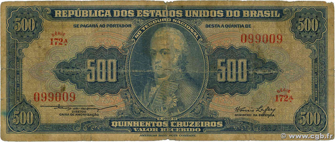 500 Cruzeiros BRAZIL  1953 P.155a G