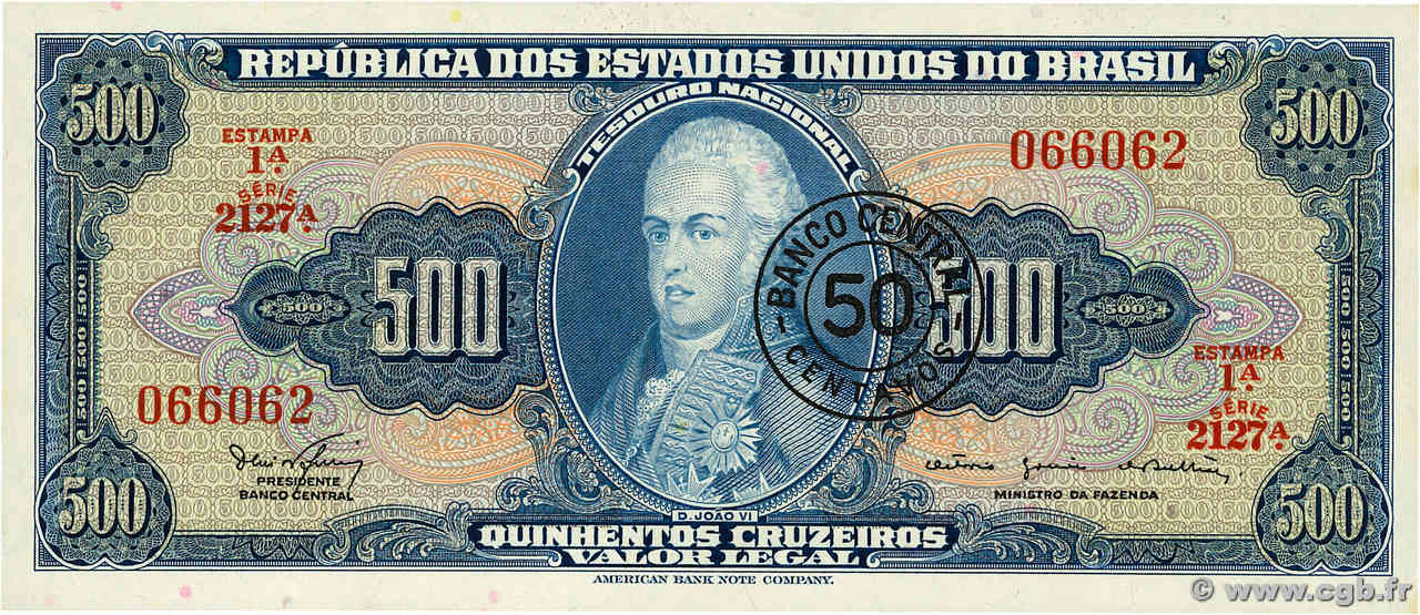 50 Centavos sur 500 Cruzeiros BRASILIEN  1967 P.186a ST