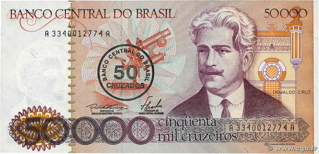 50 Cruzados sur 50000 Cruzeiros BRASILIEN  1986 P.207a fST+